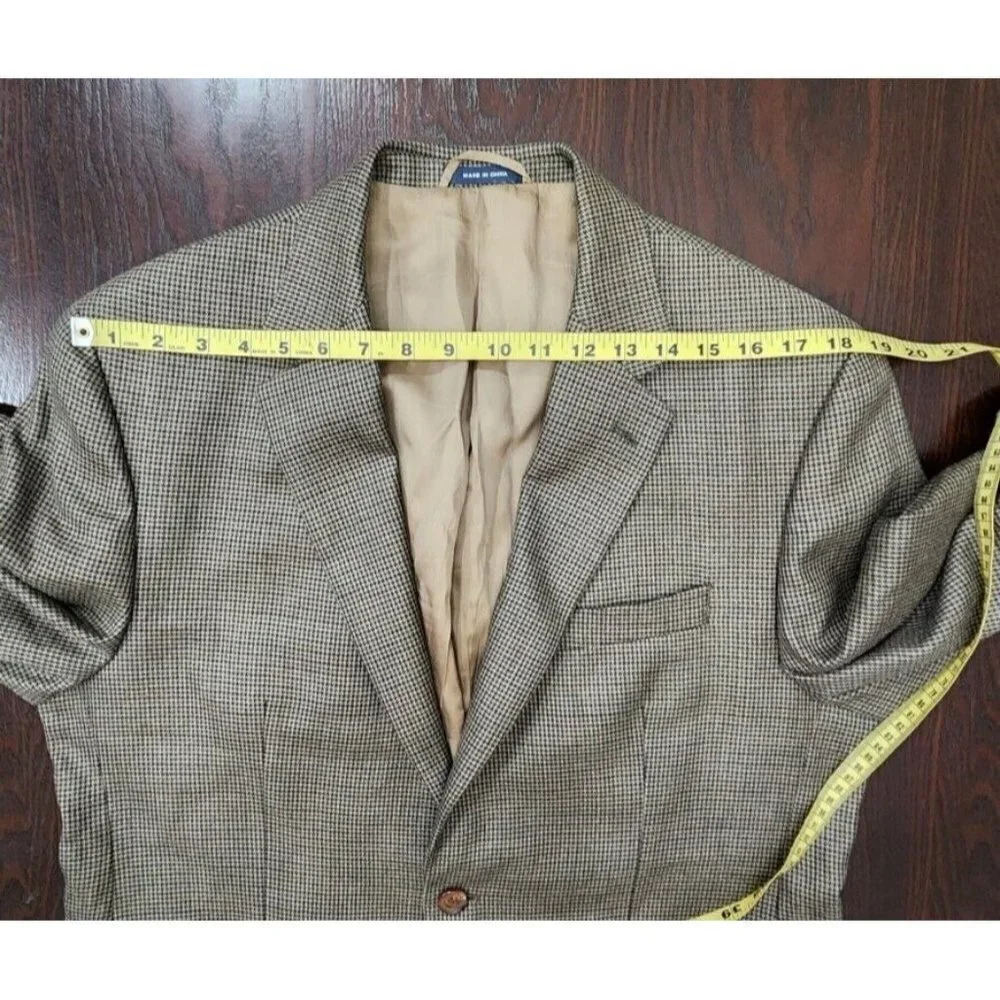 Ralph Lauren Mens Blazer Jacket Single Breasted 42R Houndstooth Brown Silk Blend